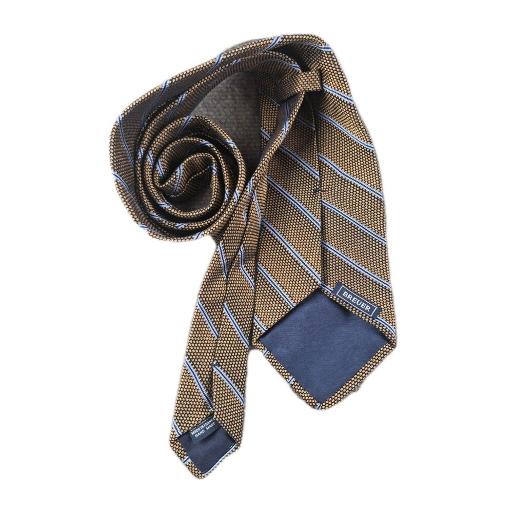 Breuer Neck Tie Gold/Black/Blue Silk Birdseye/Striped Textured 4"Wx60"L France